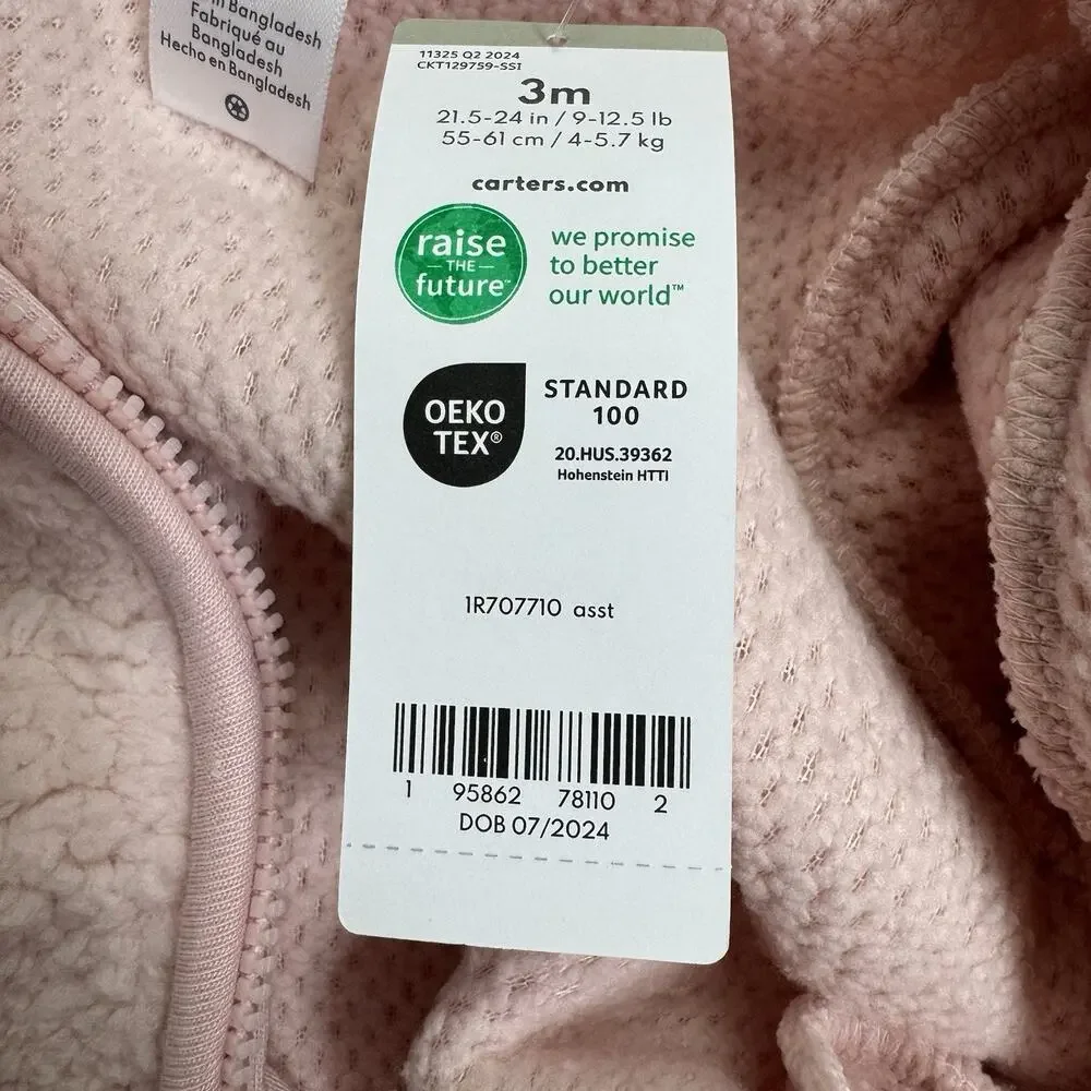 Carters Zip-Up 1 Piece Warm Long Sleeve Fleece Jumpsuit Size 3 Month Pink